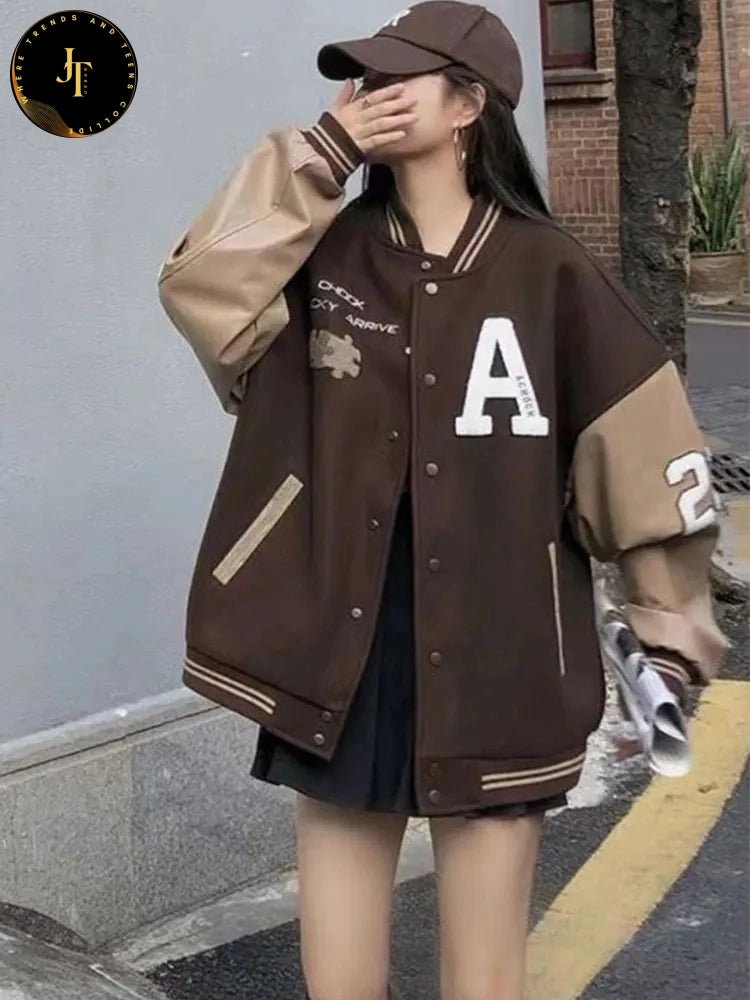 Vintage Y2K Baseball Jacket for Women - Autumn Bomber Coat with Preppy Style and Letter Print