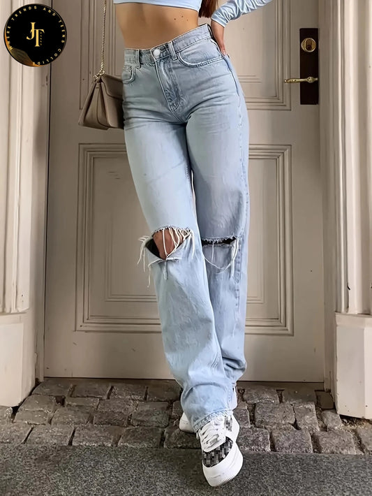 Women's Blue Ripped Jeans - Loose Fit, Non-Stretch Denim Pants