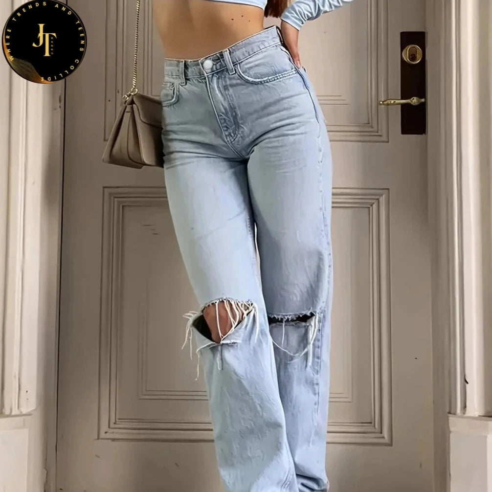 Women's Blue Ripped Jeans - Loose Fit, Non-Stretch Denim Pants