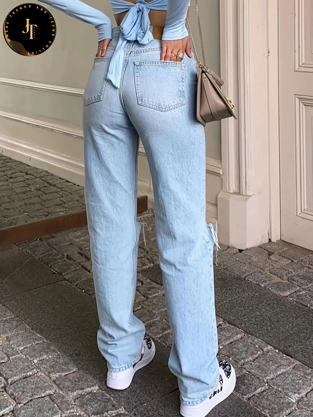 Women's Blue Ripped Jeans - Loose Fit, Non-Stretch Denim Pants