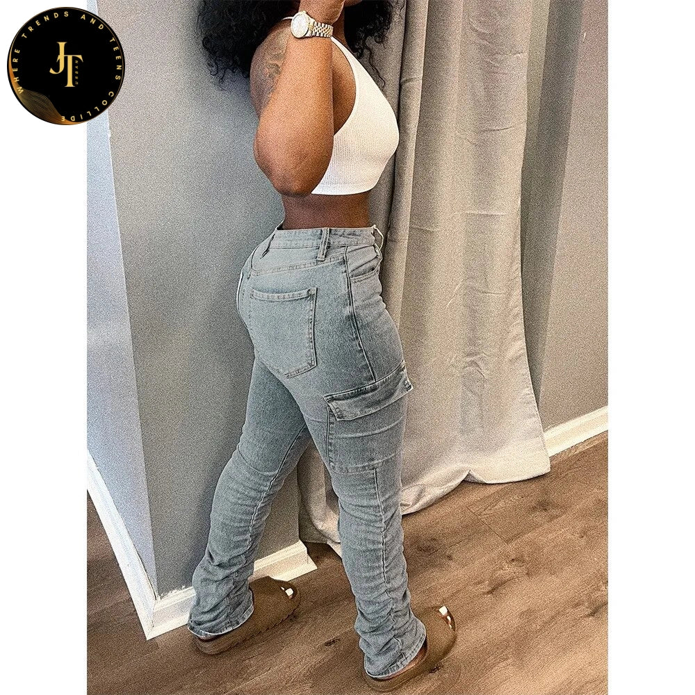 Women's High Waist Denim Cargo Pants | Y2K Streetwear