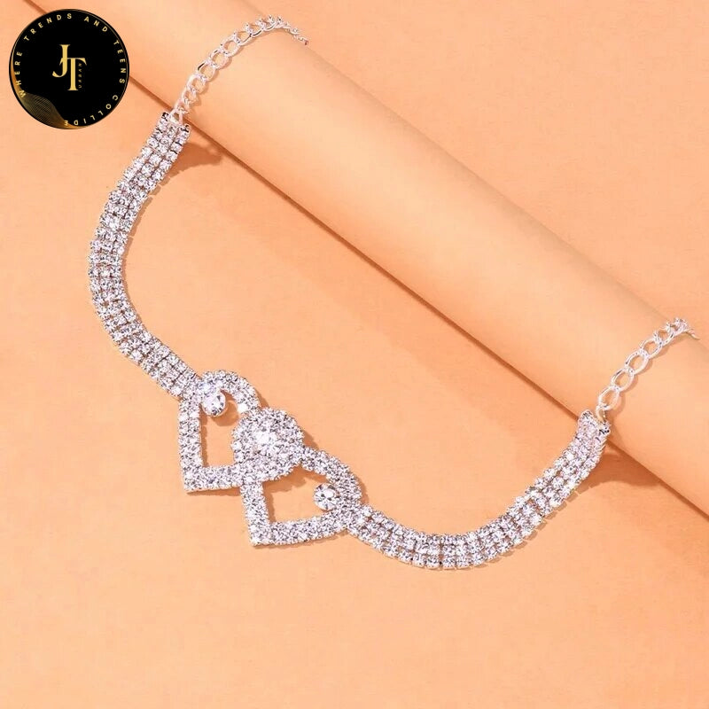Stunning Double Heart Anklet - Rhinestone Chain Jewelry for Women