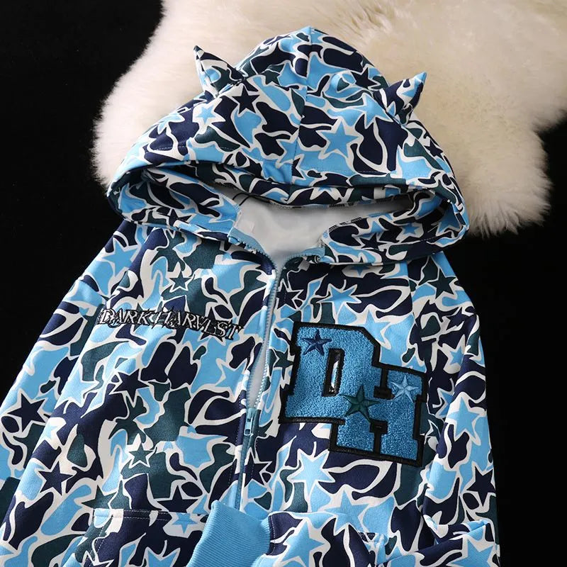 Harajuku Demon Embroidery Hoodies Oversized Camouflage Sweatshirt Gothic Goth Zip up Hoodie Y2K Clothes Couples Streetwear Women