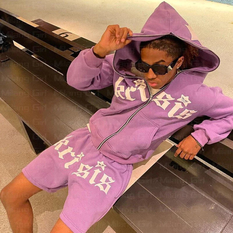 Men's Gothic Oversized Star Print Zip Hoodie - Y2K Style