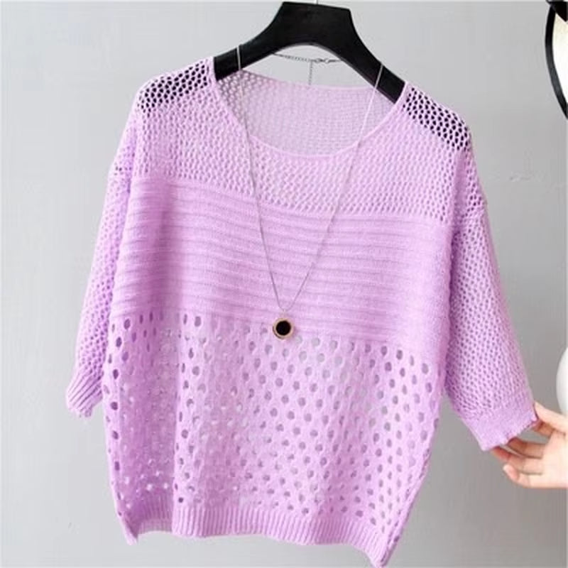 Spring Summer Ice Silk Knitted Hollow-Out Vest Top
