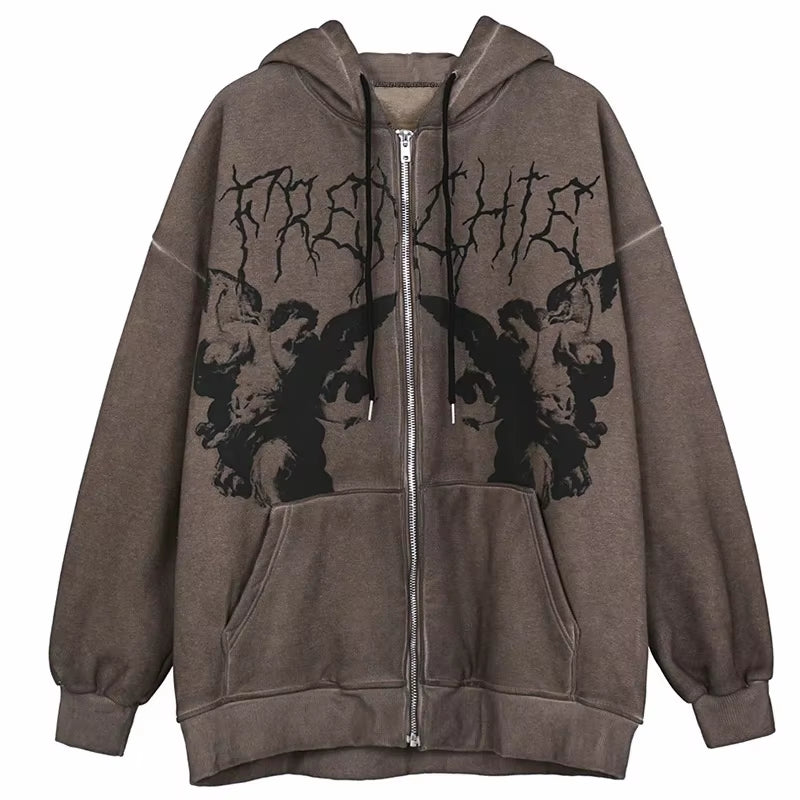 Vintage Angel Grunge Zip-Up Hoodie – Women's Autumn Streetwear