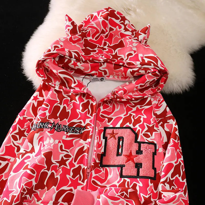 Harajuku Demon Embroidery Hoodies Oversized Camouflage Sweatshirt Gothic Goth Zip up Hoodie Y2K Clothes Couples Streetwear Women