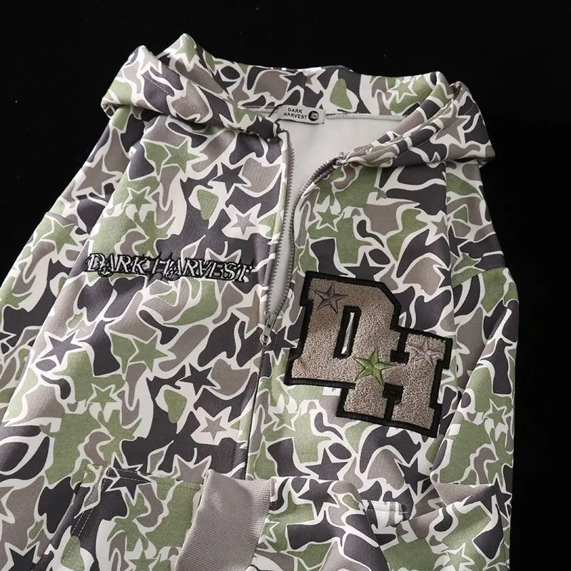 Harajuku Demon Embroidery Hoodies Oversized Camouflage Sweatshirt Gothic Goth Zip up Hoodie Y2K Clothes Couples Streetwear Women