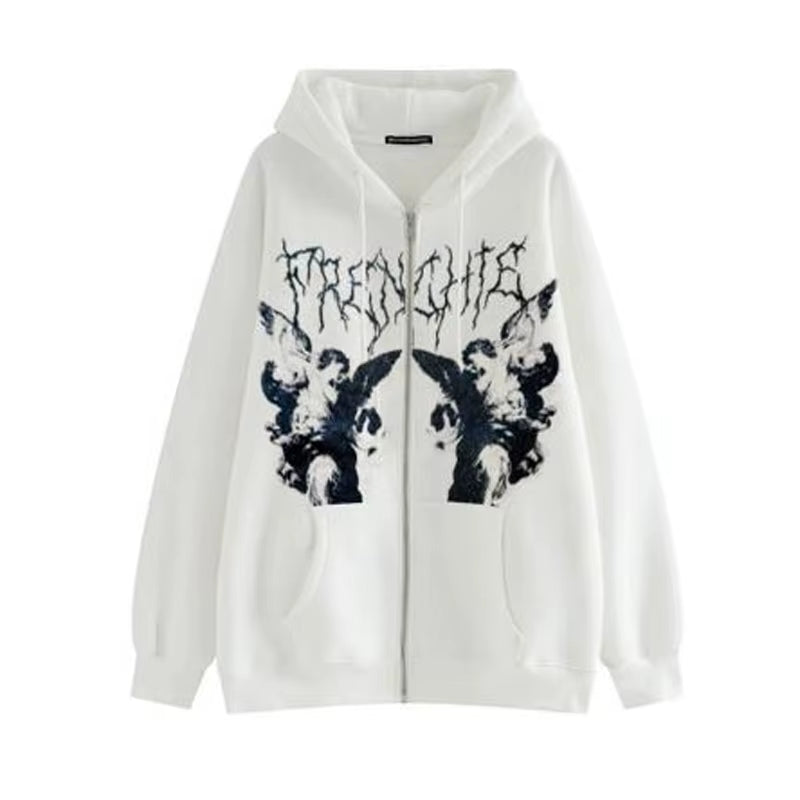 Vintage Angel Grunge Zip-Up Hoodie – Women's Autumn Streetwear