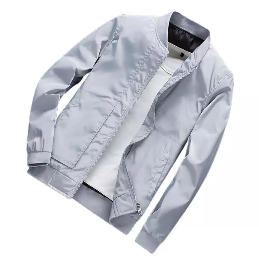Spring Slim Bomber Jacket for Men - Casual Zipper Windbreaker in Solid Color