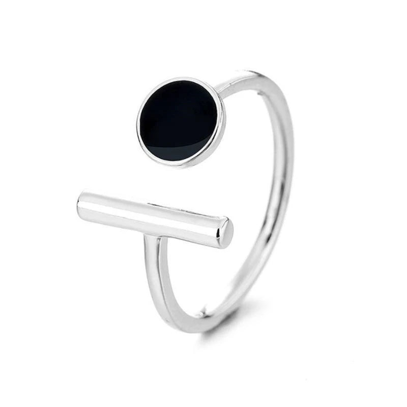 Geometric Black Drip Glaze Silver Ring - Resizable for Women