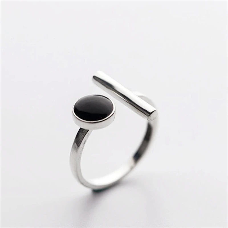 Geometric Black Drip Glaze Silver Ring - Resizable for Women