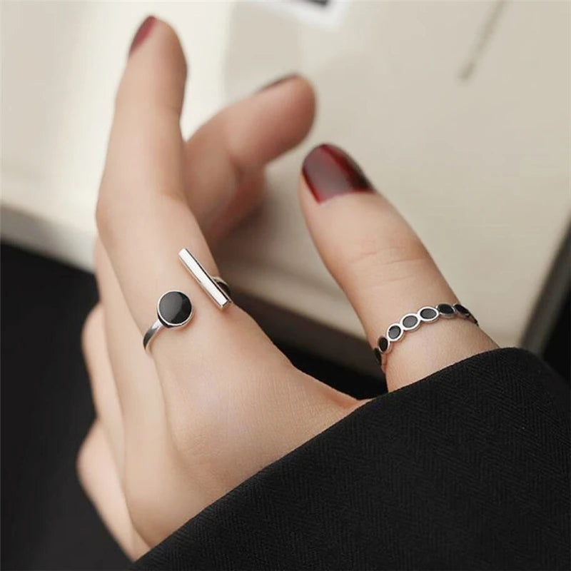 Geometric Black Drip Glaze Silver Ring - Resizable for Women