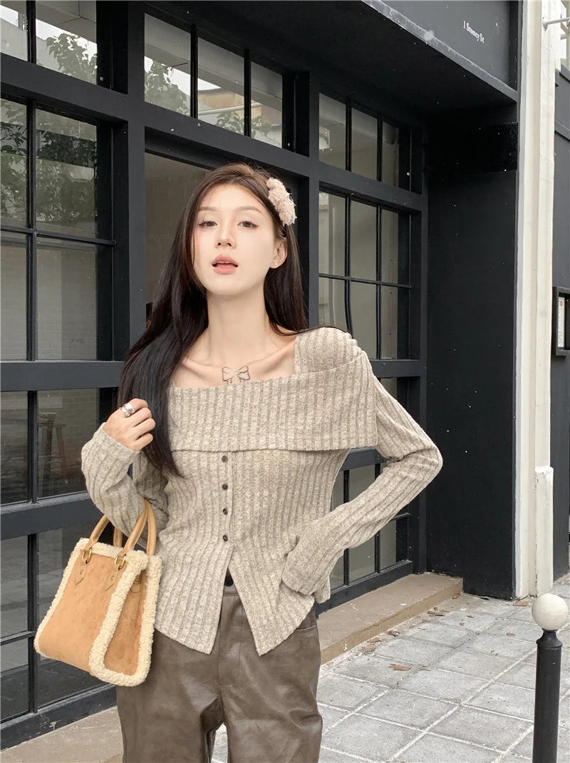 Y2K Pink Women's Knitted Long Sleeve Crop Tops: Square Collar Tops