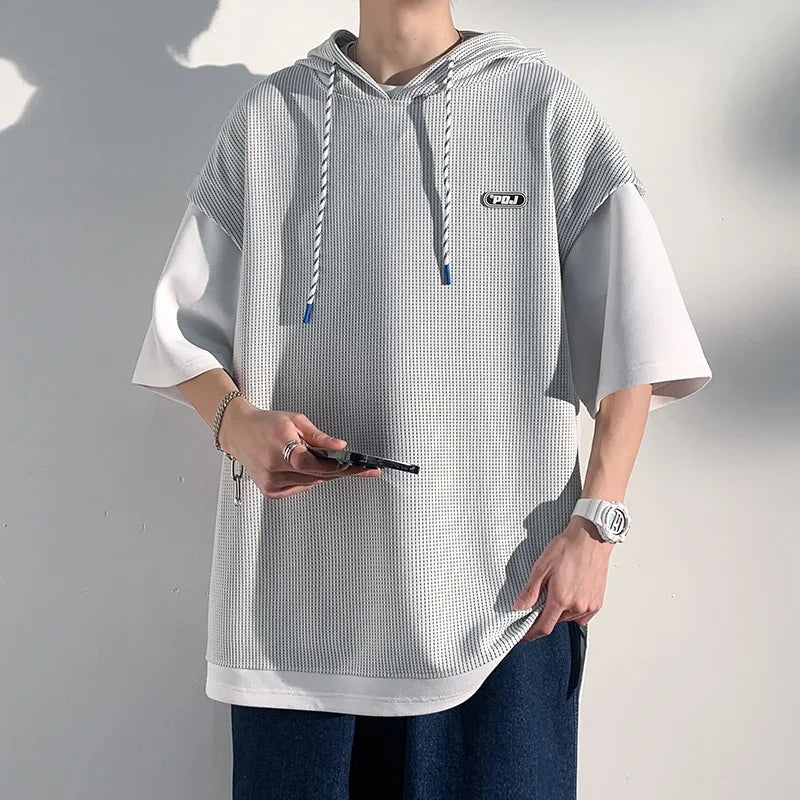 Summer Waffle Hooded Short Sleeve T-shirt - Y2K Korean Streetwear
