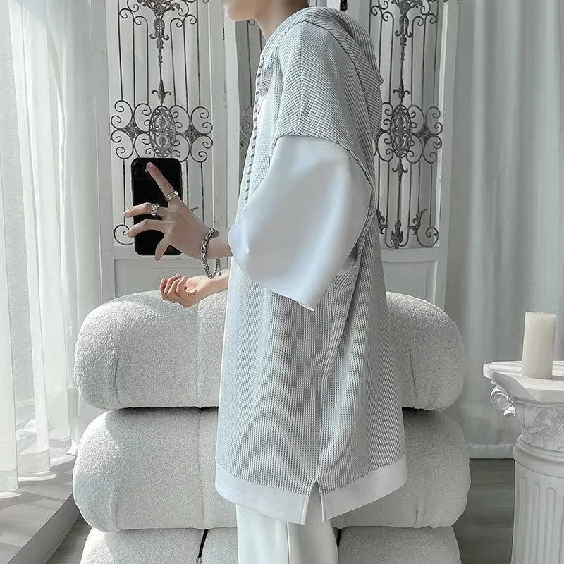 Summer Waffle Hooded Short Sleeve T-shirt - Y2K Korean Streetwear