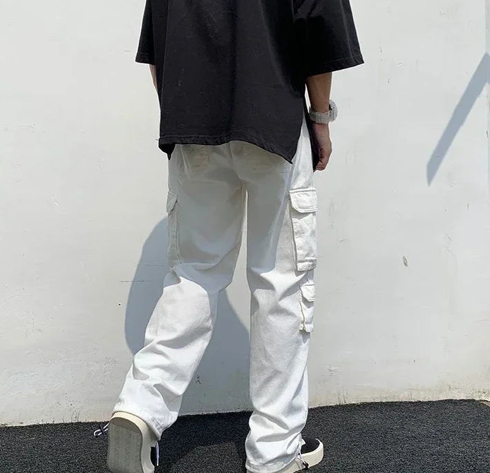 Men's White Cargo Pants - Wide Straight-Leg, Harajuku Style, Baggy Fit