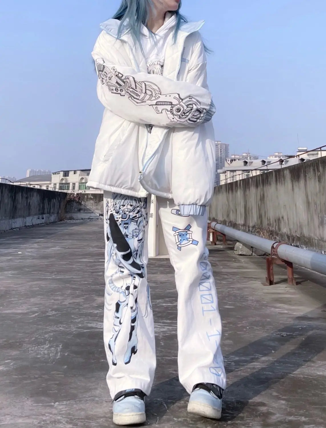 QWEEK Y2K Anime Print White Wide-Leg Harajuku Kawaii Sweatpants