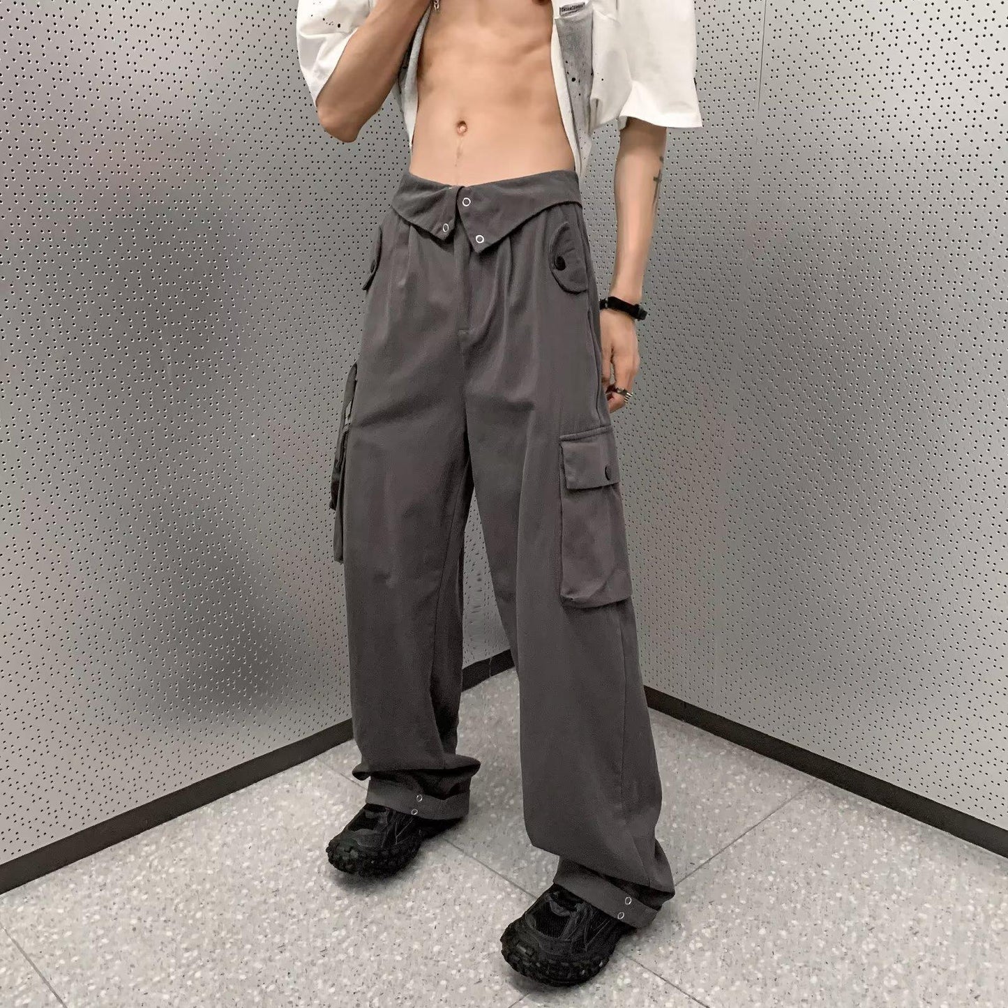 Men's Wide-Leg Cargo Pants - Gray Casual Safari Streetwear