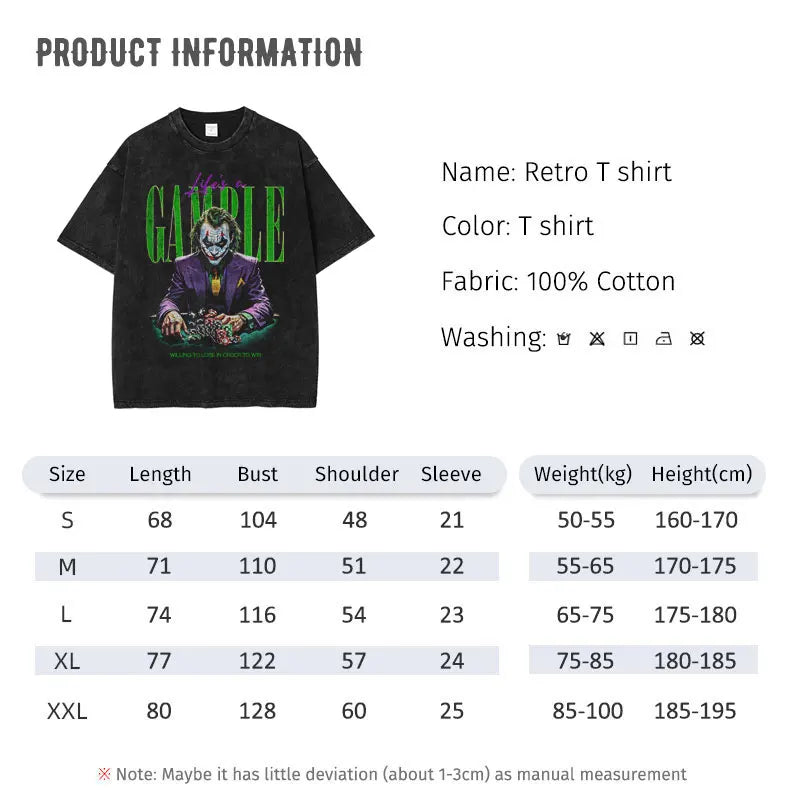 Joker Vintage Washed Hip Hop Oversized T-Shirt, 100% Cotton, Men’s