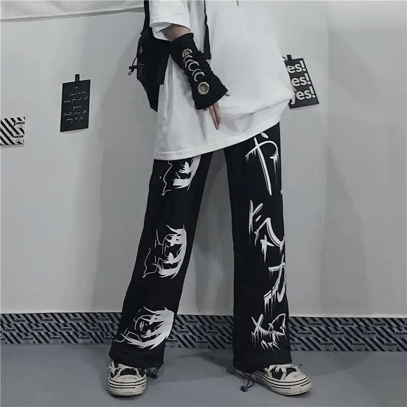 Black Japanese Print Anime Y2K Baggy Sweatpants - Wide-Leg Streetwear