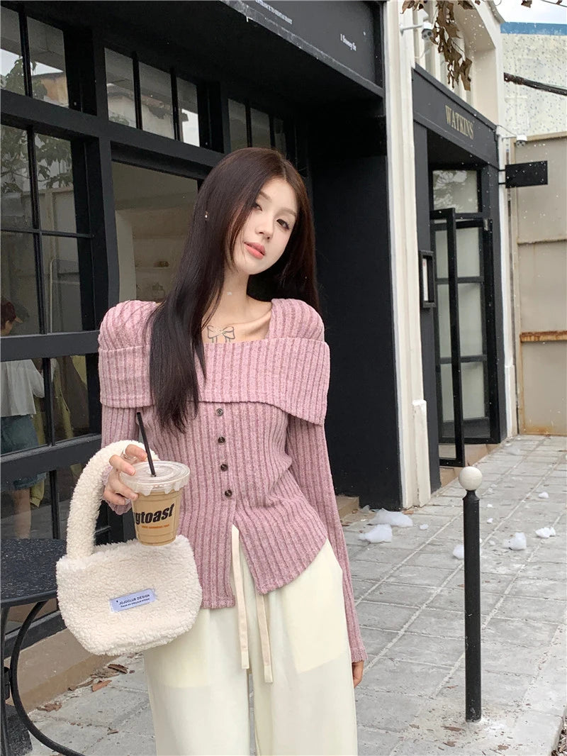 Y2K Pink Women's Knitted Long Sleeve Crop Tops: Square Collar Tops
