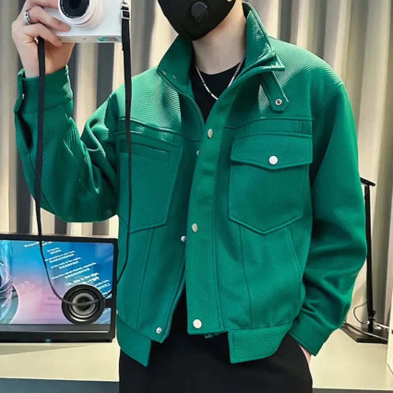 Stylish Green Lapel Baseball Jacket for Men - Large Pockets, Oversized jackets