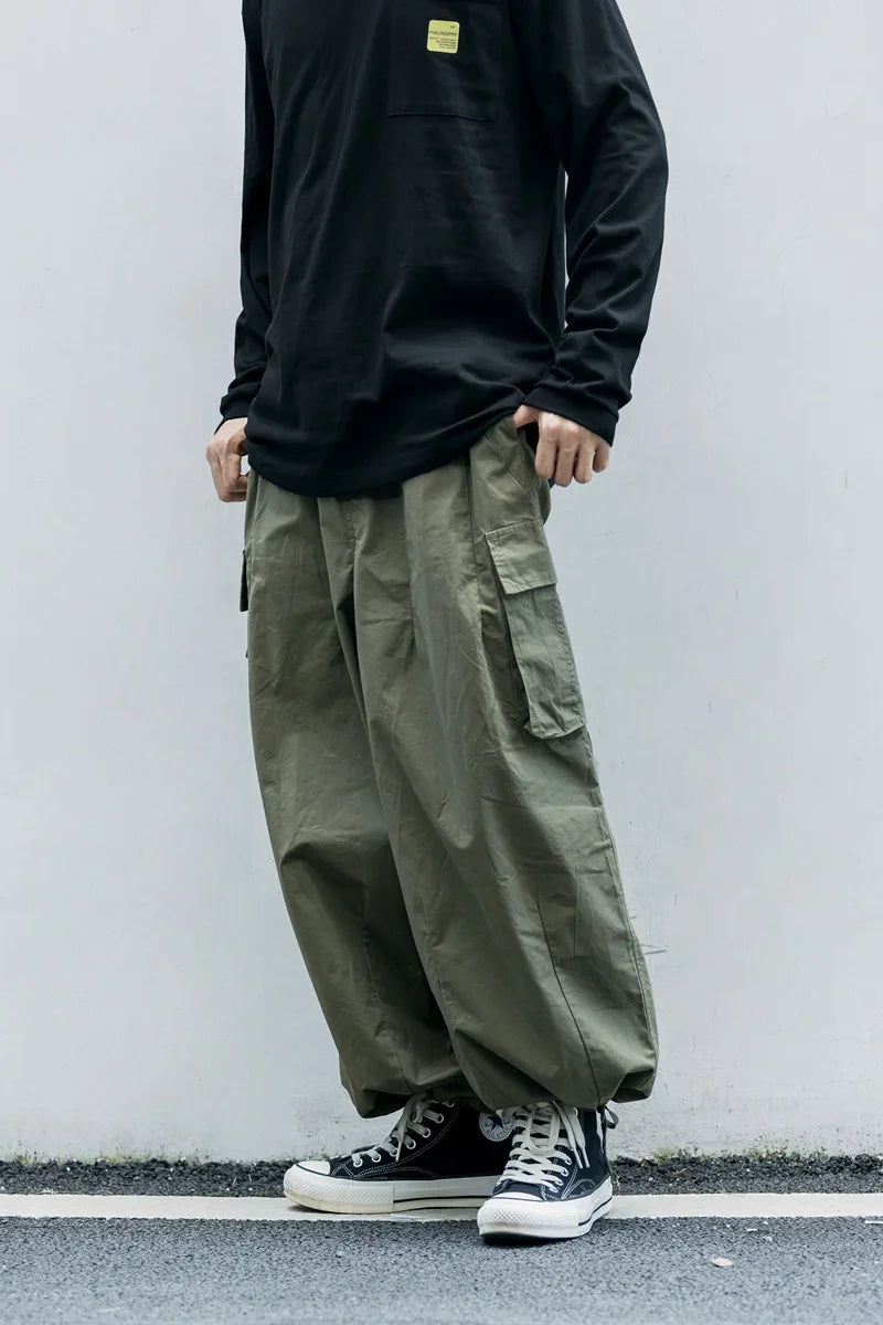 Men's Multi-Pocket Cargo Pants - Casual Solid Wide-Leg Cropped Trousers