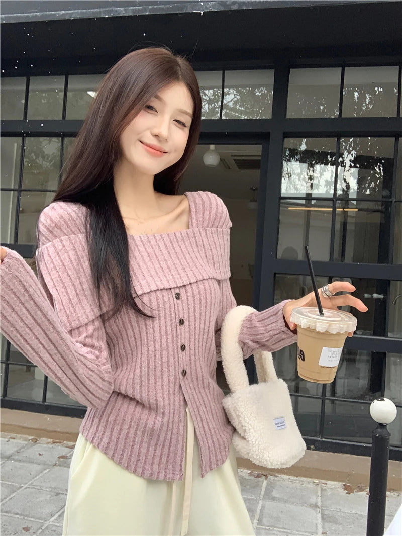 Y2K Pink Women's Knitted Long Sleeve Crop Tops: Square Collar Tops