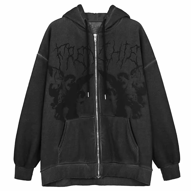 Vintage Angel Grunge Zip-Up Hoodie – Women's Autumn Streetwear