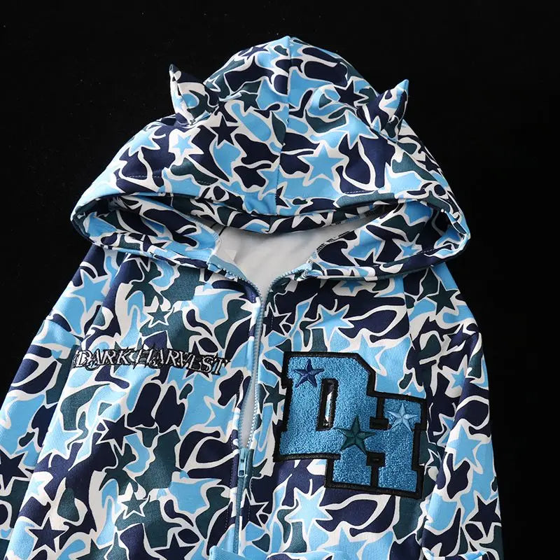 Harajuku Demon Embroidery Hoodies Oversized Camouflage Sweatshirt Gothic Goth Zip up Hoodie Y2K Clothes Couples Streetwear Women