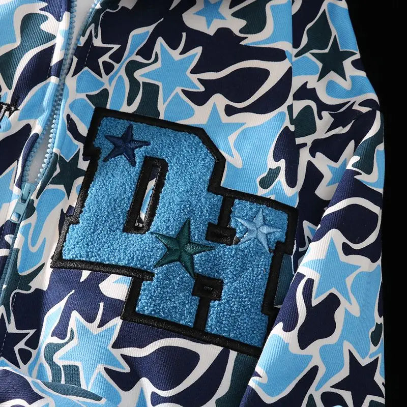 Harajuku Demon Embroidery Hoodies Oversized Camouflage Sweatshirt Gothic Goth Zip up Hoodie Y2K Clothes Couples Streetwear Women