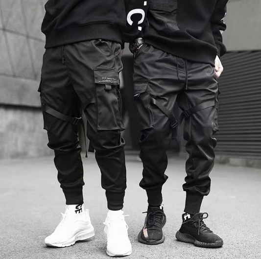 Men's Ribbed Cargo Joggers with Pockets - Hip Hop Streetwear