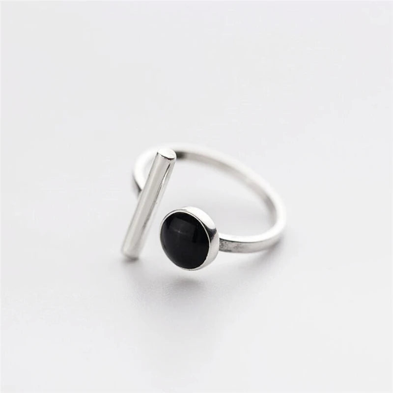 Geometric Black Drip Glaze Silver Ring - Resizable for Women