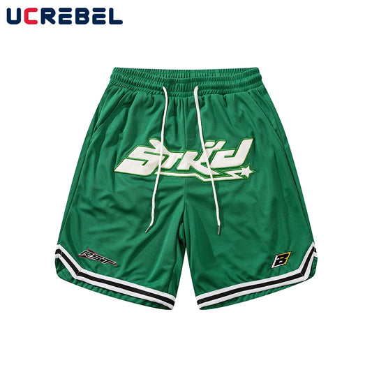 Men's Summer Mesh Basketball Shorts with Letter Embroidery and Elastic Waist