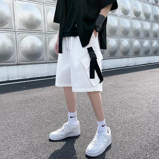 Men's Summer Streetwear White Shorts with Pockets and Ribbons
