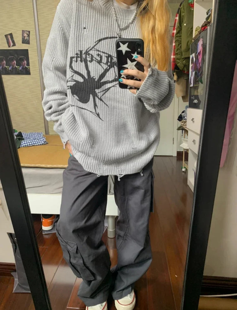 Women's Gothic Spider Sweater: Y2K Ripped Grunge Oversize Pullover