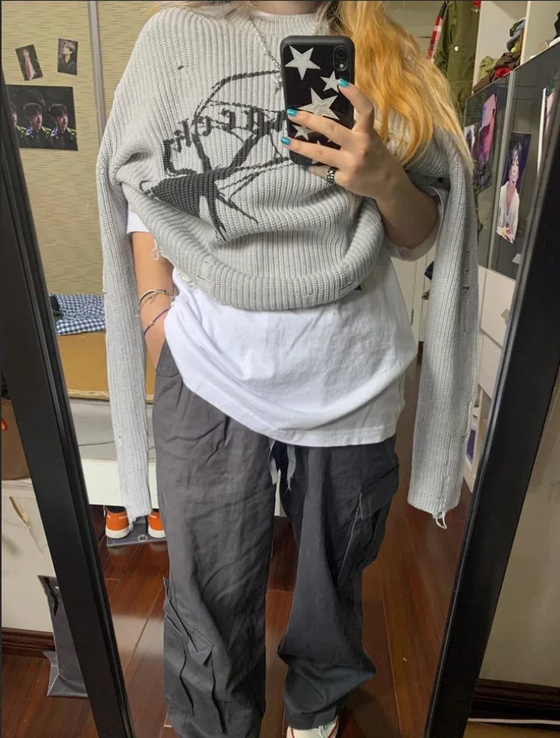 Women's Gothic Spider Sweater: Y2K Ripped Grunge Oversize Pullover