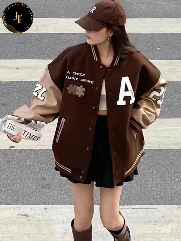 Vintage Y2K Baseball Jacket for Women - Autumn Bomber Coat with Preppy Style and Letter Print