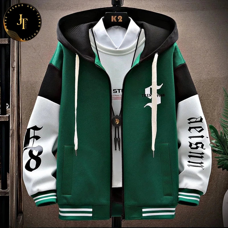 Hip Hop Hooded Baseball Jacket - Letter Print, Casual Loose Fit Jackets