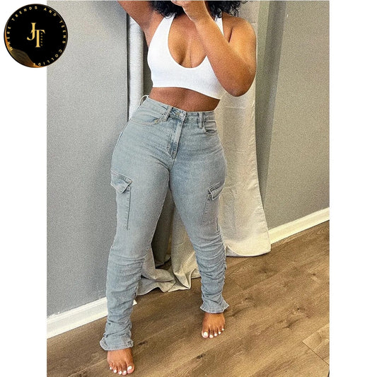 Women's High Waist Denim Cargo Pants | Y2K Streetwear