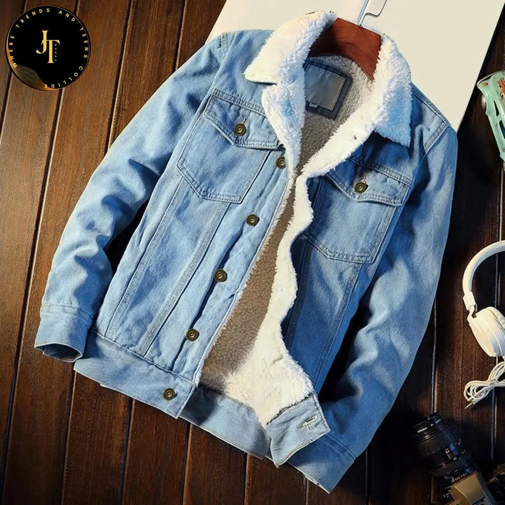 Men's Winter Denim Jacket - Warm Denim Jeans Coat for Casual Wear