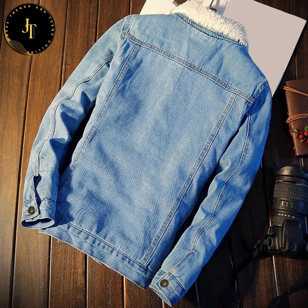 Men's Winter Denim Jacket - Warm Denim Jeans Coat for Casual Wear