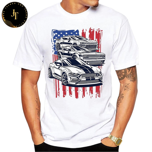 American Crew Mustang Camaro Challenger Car Print T-Shirt - Men's Short Sleeve Summer Tee