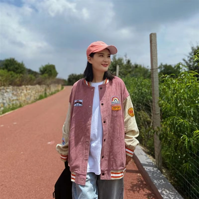 Trendy Women’s Baseball Jacket – Spring Autumn Harajuku Corduroy Style