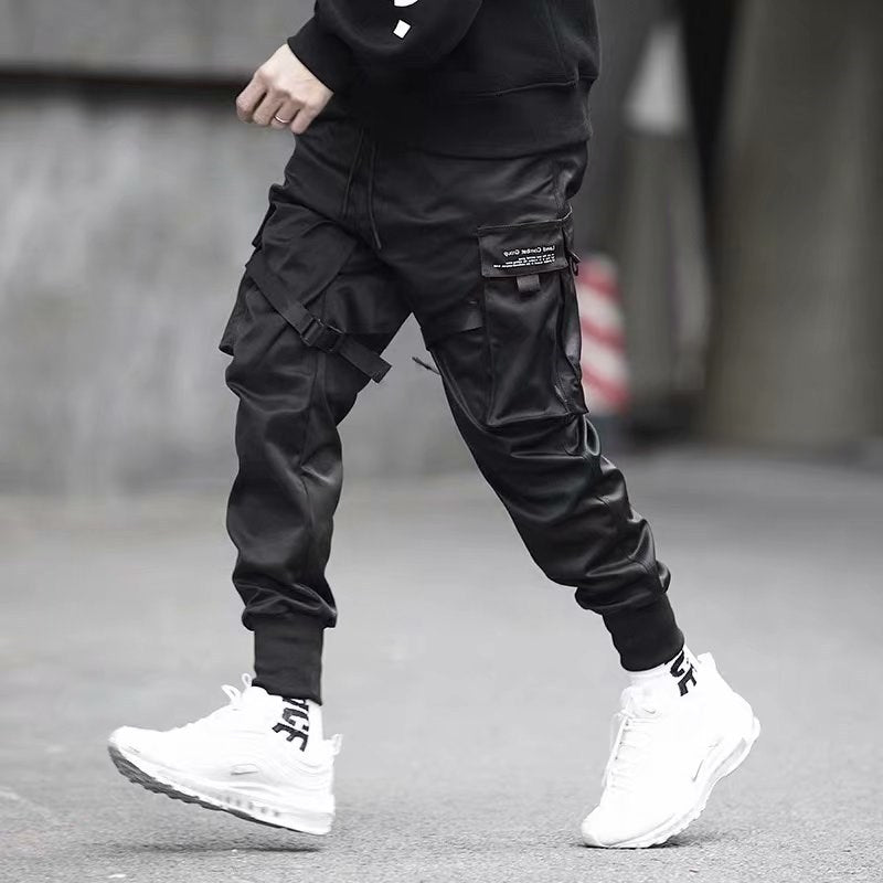 Men's Ribbed Cargo Joggers with Pockets - Hip Hop Streetwear