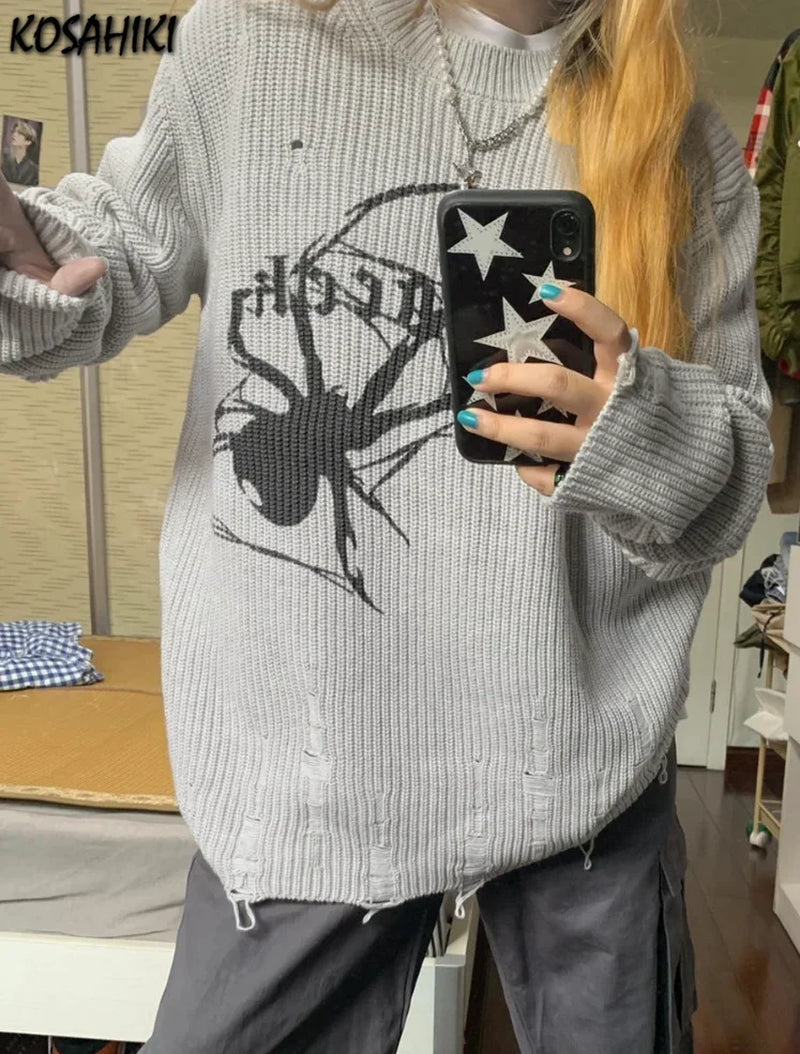 Women's Gothic Spider Sweater: Y2K Ripped Grunge Oversize Pullover