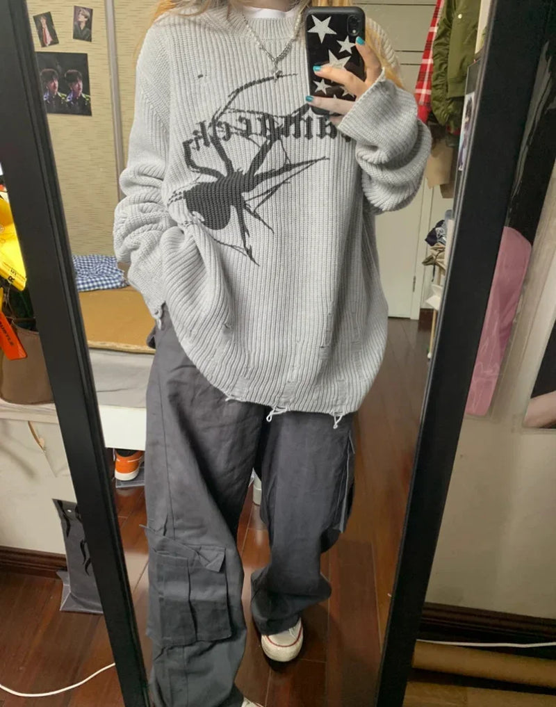 Women's Gothic Spider Sweater: Y2K Ripped Grunge Oversize Pullover