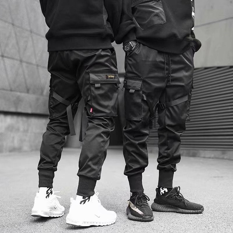 Men's Ribbed Cargo Joggers with Pockets - Hip Hop Streetwear