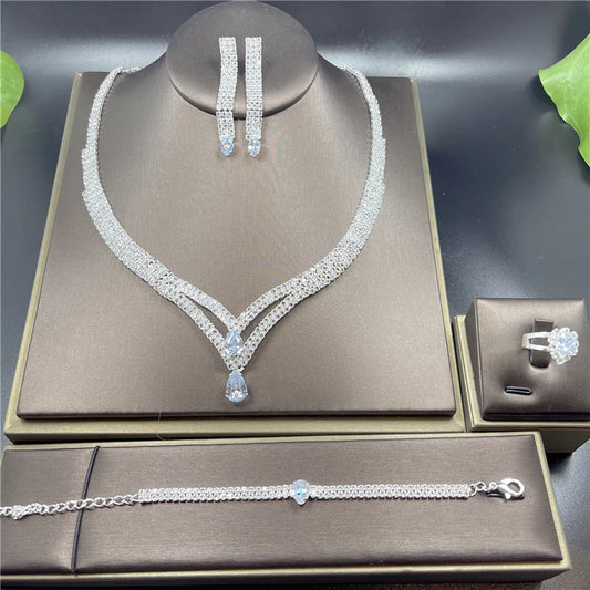 Elegant Silver Rhinestone Bridal Jewellery  Set - Necklace & Earrings